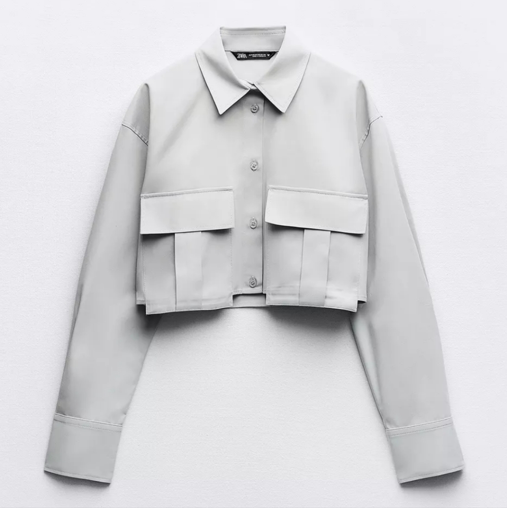 ZARA Gray CROPPED GABARDINE SHIRT